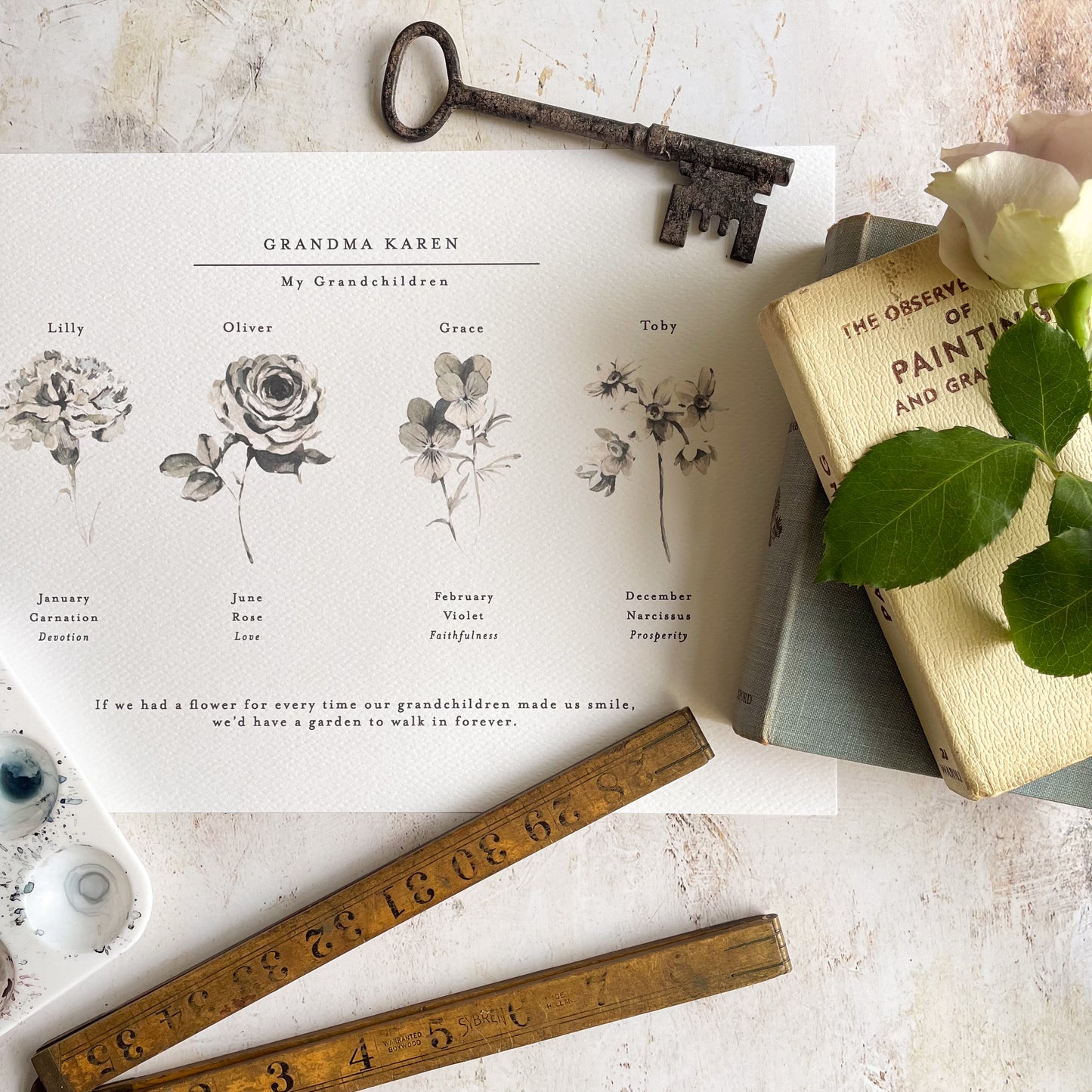 A personalised birth flower grandchildren print is presented in this flat lay image showing four birth flowers for a grandma.