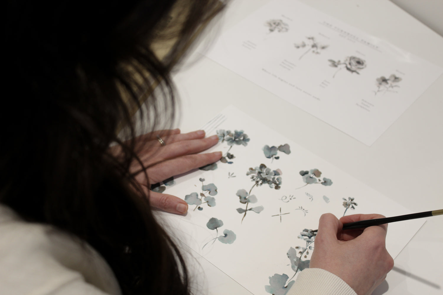 Girl painting florals with watercolour in studio