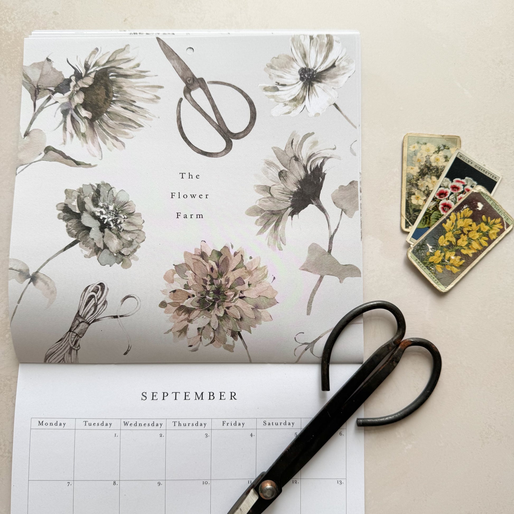 Floral-patterned calendar with scissors and small tin on a beige background