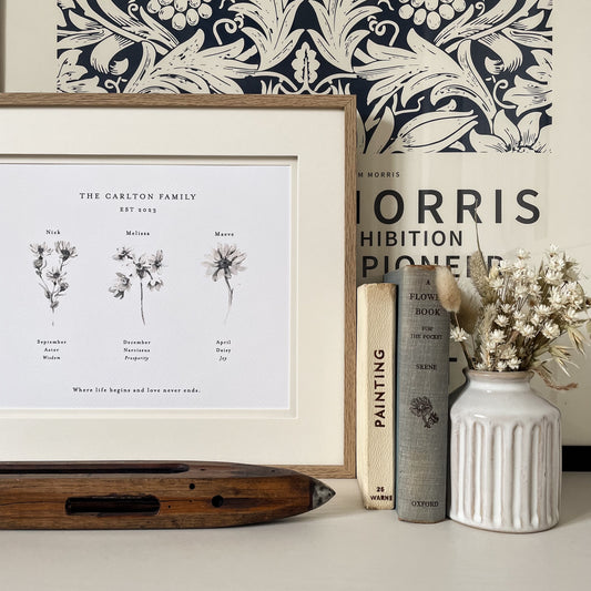 Lifestyle image showing personalised birth flower family print in an oak frame surrounded by books a weaving shuttle and a vase of dried flowers.