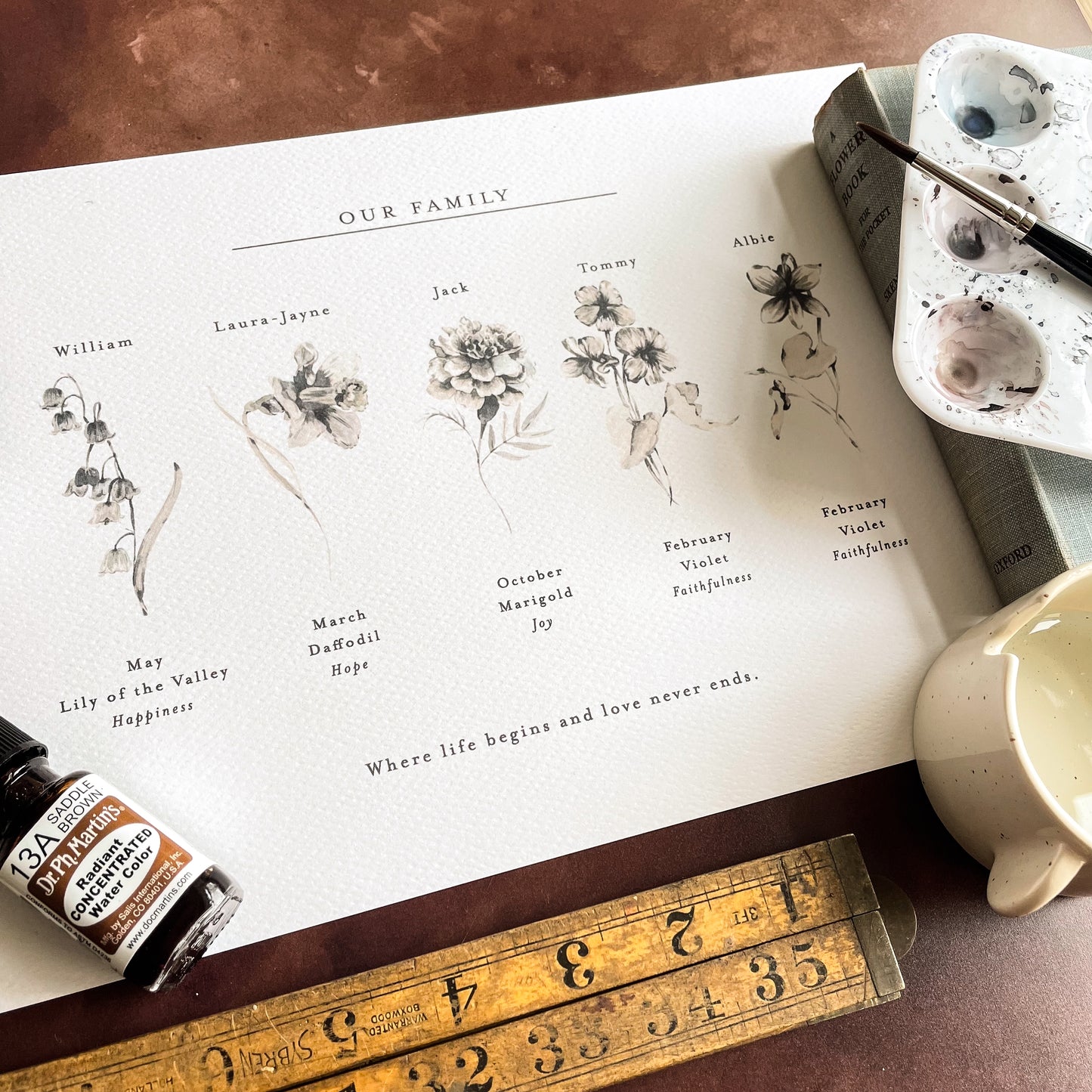 A flat lay image showing kester studio's personalised birth flower family print with 5 birth flowers. Surrounded by painting supplies, a wooden ruler and an old vintage flower book.