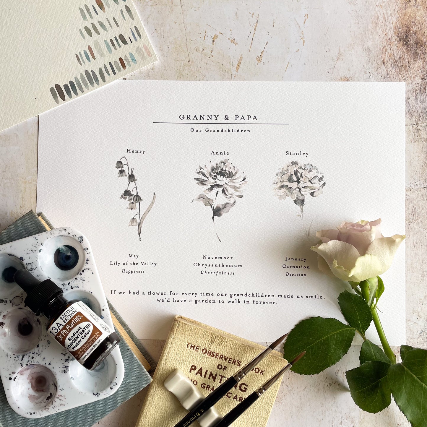 a flat lay of personalised birth flower grandchildren print featuring 3 flowers. Lily of the Valley, Chrysanthemum and Carnation which have been digitally printed using an original watercolours. Print is surrounded by painting materials and a rose.